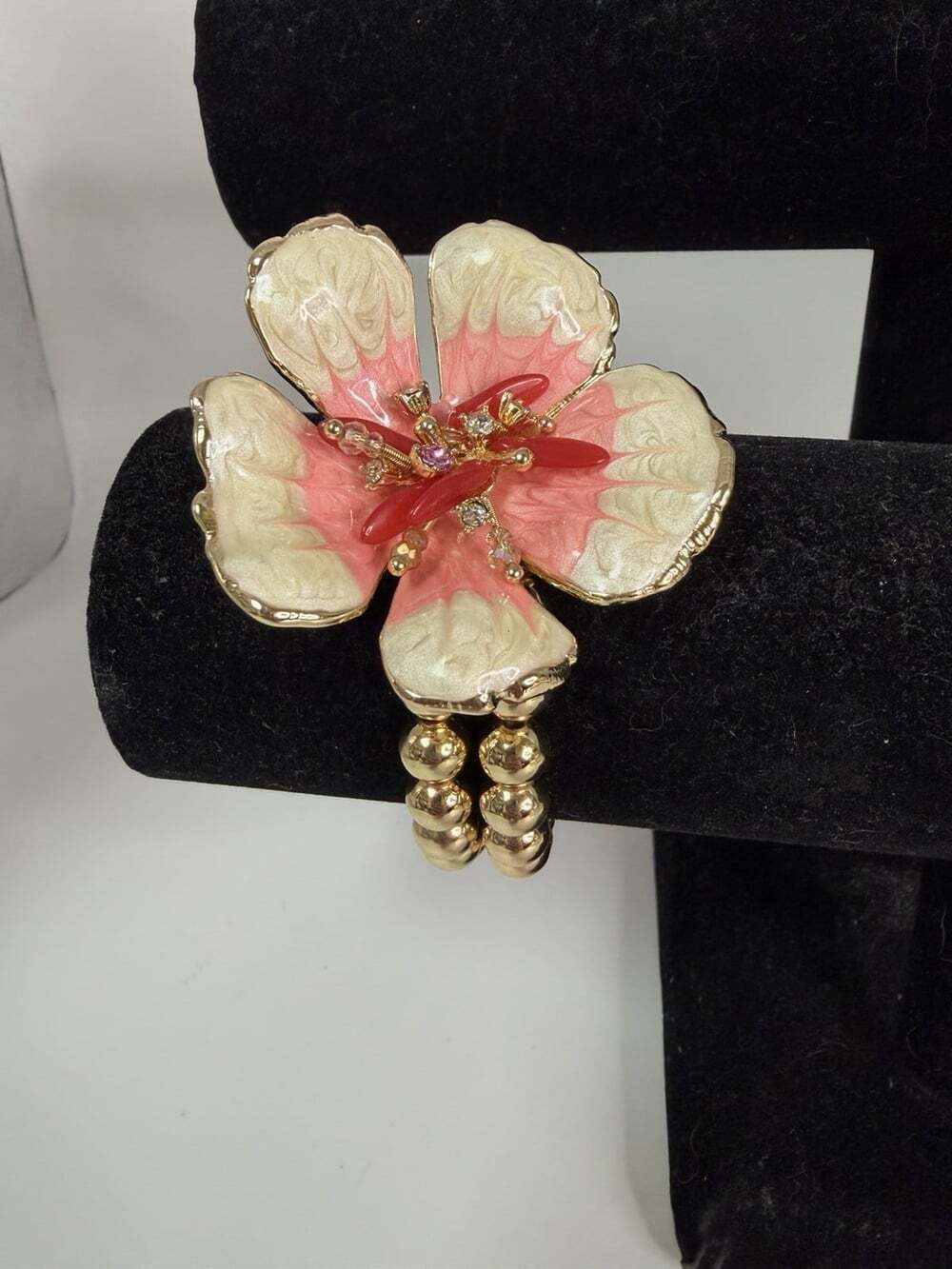 Gold Beaded Stretch Bracelet With Painted Flower